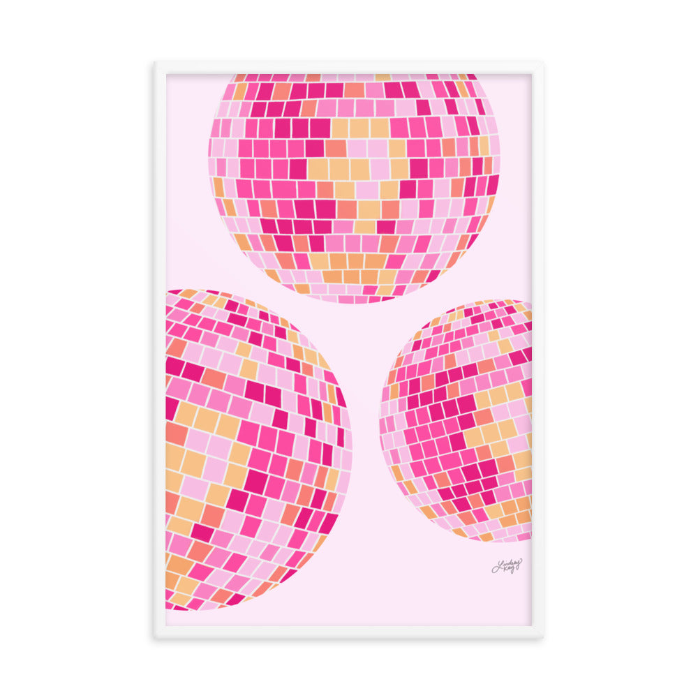 Ilustración de bolas de discoteca (paleta rosa/amarilla) - Impresión mate enmarcada